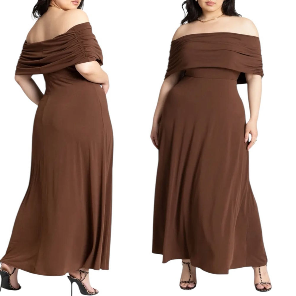 ELOQUII On or Off Shoulder Brown Maxi Dress Ruched Stretch Knit, Plus 18